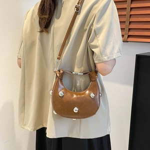 Chic brown semi-circle PU leather crossbody bag with silver sphere studs and top handle