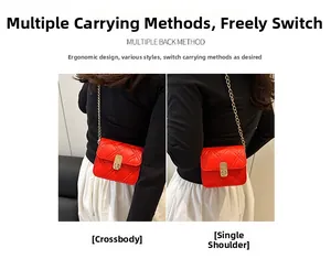 Detail of red quilted crossbody bag featuring gold metal lock and chain strap versatile wear