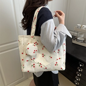 Large white corduroy tote bag with red cherry print and matching coin purse