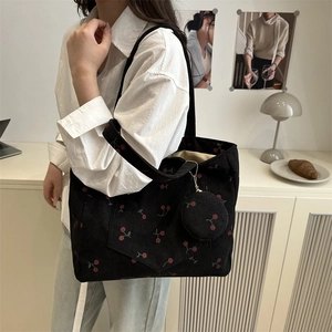 Large black corduroy tote bag with red cherry prints and matching mini round pouch