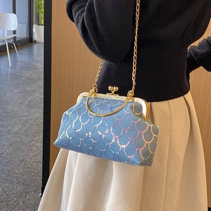 Blue mermaid scale sequin box bag with gold kiss-lock and metal chain strap