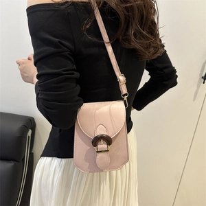 Minimalist light pink flap crossbody bag with wood buckle and gold hardware
