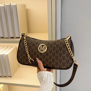 Monogram Letter Print Women Shoulder Bag PU Leather Underarm Bag Gold Chain Small Square Bag Fashion Daily Messenger Bag