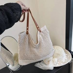 Borsa Tote da Donna Intrecciata Estiva Borsa a Spalla in Paglia all'Uncinetto Traforata Grande Capacità per Spiaggia Vacanza