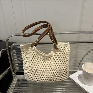 Sac Cabas en Tricot Crochet pour Femmes Grande Capacité Sac à Épaule Beige Sac à Main Décontracté Plage Été