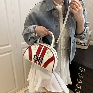 White sports style bowling handbag with red stripes and 96 embroidery for women