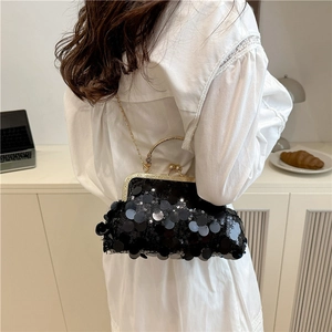 Sac de soirée noir à paillettes élégant avec poignée dorée ronde et bandoulière