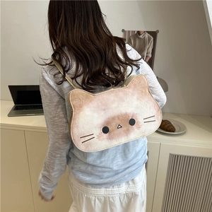 Cute cat-shaped tote bag in cream and light brown plush material for women
