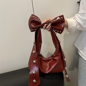 Trendy Bowknot Rivet Underarm Bag For Women Fashion Glossy PU Leather Shoulder Bag Designer Bow Handbag Elegant Daily Purse