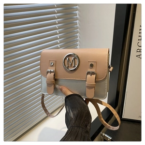 Pink and silver contrast crossbody bag with metal M letter logo and buckle flap