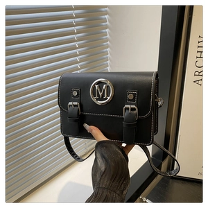 Classic black PU leather crossbody square bag with silver M logo and white stitching