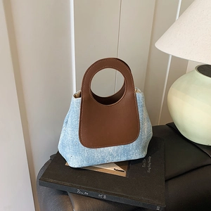 Women Denim Patchwork PU Handbag Retro Round Handle Bucket Bag Rhinestone Decorative Small Tote Bag For Casual Travel Daily
