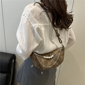 Retro brown crescent crossbody bag with pearl chains and contrast stitching for women