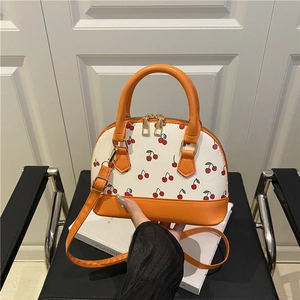 Women Fashion Cherry Print PU Leather Shell Bag Contrast Color Sweet Handheld Crossbody Bag Cute Commuting Shoulder Bag