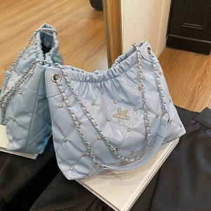 Sac Cabas Matelassé à Losanges pour Femmes Mode Cuir PU Rivets Étoile Décor Chaîne Sac Bandoulière Main Grande Capacité