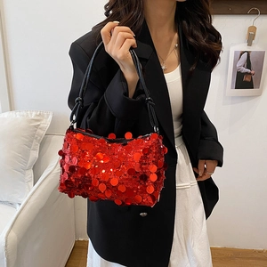 Fashionable red sequin shoulder bag for women featuring a minimalist pillow design