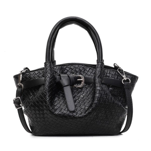 Elegante borsa a secchiello in pelle intrecciata nera con manici e tracolla regolabile
