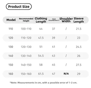 Detailed size chart for kids solid color T-shirt with height and length measurements