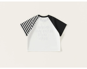 Back view of a kids raglan sleeve t-shirt with black and white striped detail