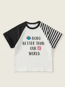 Kids' raglan short sleeve T-shirt with letter print and asymmetric sleeve design
