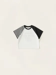 Kids short sleeve raglan t-shirt with black and white stripes and letter print