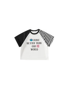 Kids raglan sleeve t-shirt with letter print and cartoon smileys on white fabric