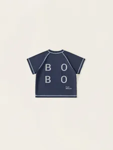 Navy blue kids cotton t-shirt with BOBO print on back and teal contrast stitching