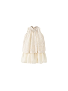 Robe chinoise pour filles sans manches en dentelle blanc cassé avec col perlé et tulle