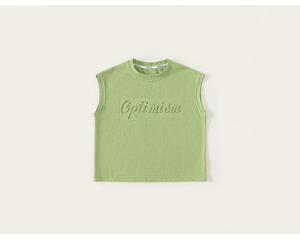 Detail of avocado green knit cotton kids vest with embossed Optimism lettering