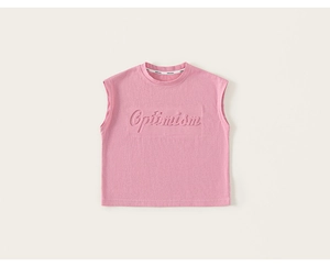 Detail of pink cotton tank top with embossed Optimism text for kids summer casual wear