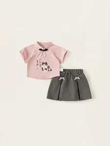 Ensemble de Vêtements pour Filles Nouveau Style Chinois Haut à Manches Courtes Imprimé Panda et Jupe Plissée Grise