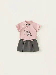Ensemble d'été deux pièces style chinois pour filles avec haut panda et jupe plissée rose