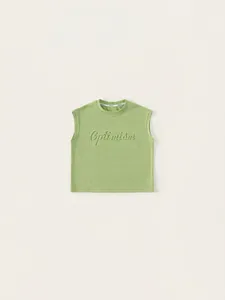 Kids grass green sleeveless cotton vest with embossed Optimism text and round neck