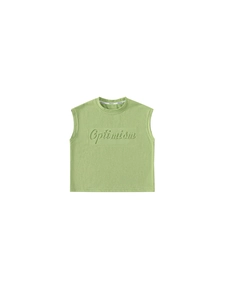 Kids minimalist mint green sleeveless vest with embossed Optimism text on chest