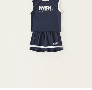 Flat lay of navy blue kids sleeveless tank top and shorts set with white trim
