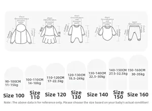 Detailed size chart for kids clothing set showing measurements from height 90cm to 160cm
