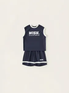 Boys Summer Sleeveless Sport Vest And Shorts Set Kids Navy Blue Letter Print Mesh Breathable Casual Outfit Activewear