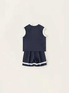 Kids navy blue sleeveless jersey and shorts set with white trim details