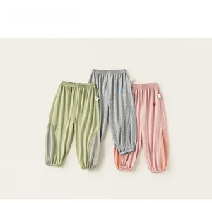 Breathable kids mosquito pants set with mesh patchwork and cute cartoon embroidery