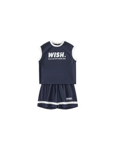 Kids navy blue sleeveless sports set with white letter print and casual shorts