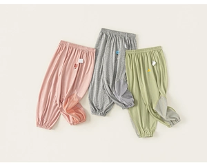 Detailed view of kids breathable anti-mosquito pants with mesh panels and cartoon patches