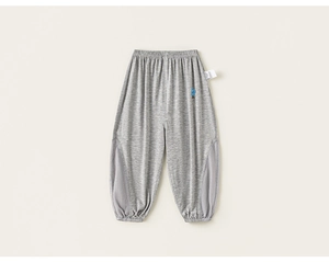 Detail of grey kids mosquito pants showing breathable mesh panels and blue embroidery
