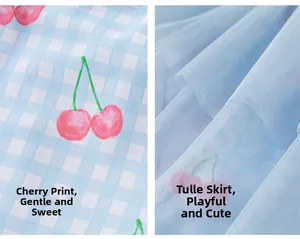 Détail du tissu à carreaux bleu clair avec imprimé cerise et mesh en maille respirante