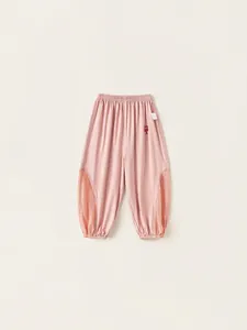 Pink kids lightweight joggers with breathable mesh panels and cute cartoon embroidery