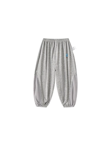 Grey breathable cotton mosquito pants for children with cartoon embroidery and mesh stitching