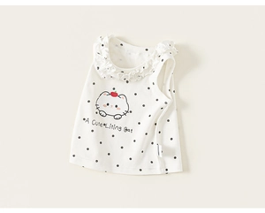Détail du débardeur à pois pour filles avec col à volants et motif de chat mignon
