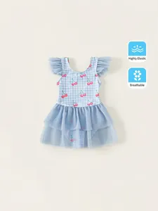 Maillot de Bain Une Pièce Fille Vichy Imprimé Cerise Manches à Volants en Maille Maillots de Bain pour Enfants Doux Maillot de Bain de Plage