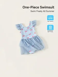 Maillot de bain fille à carreaux bleus avec imprimé cerise et jupe tutu en tulle