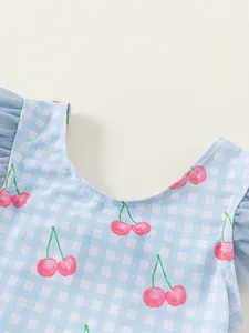 Maillot de bain enfant à carreaux imprimé cerises avec volants en résille bleue