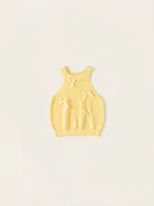 Girls Sweet Viscose Knit Sleeveless Tank Top With Bowknot Yellow Solid Color Halter Vest Top For Kids Toddler Clothing